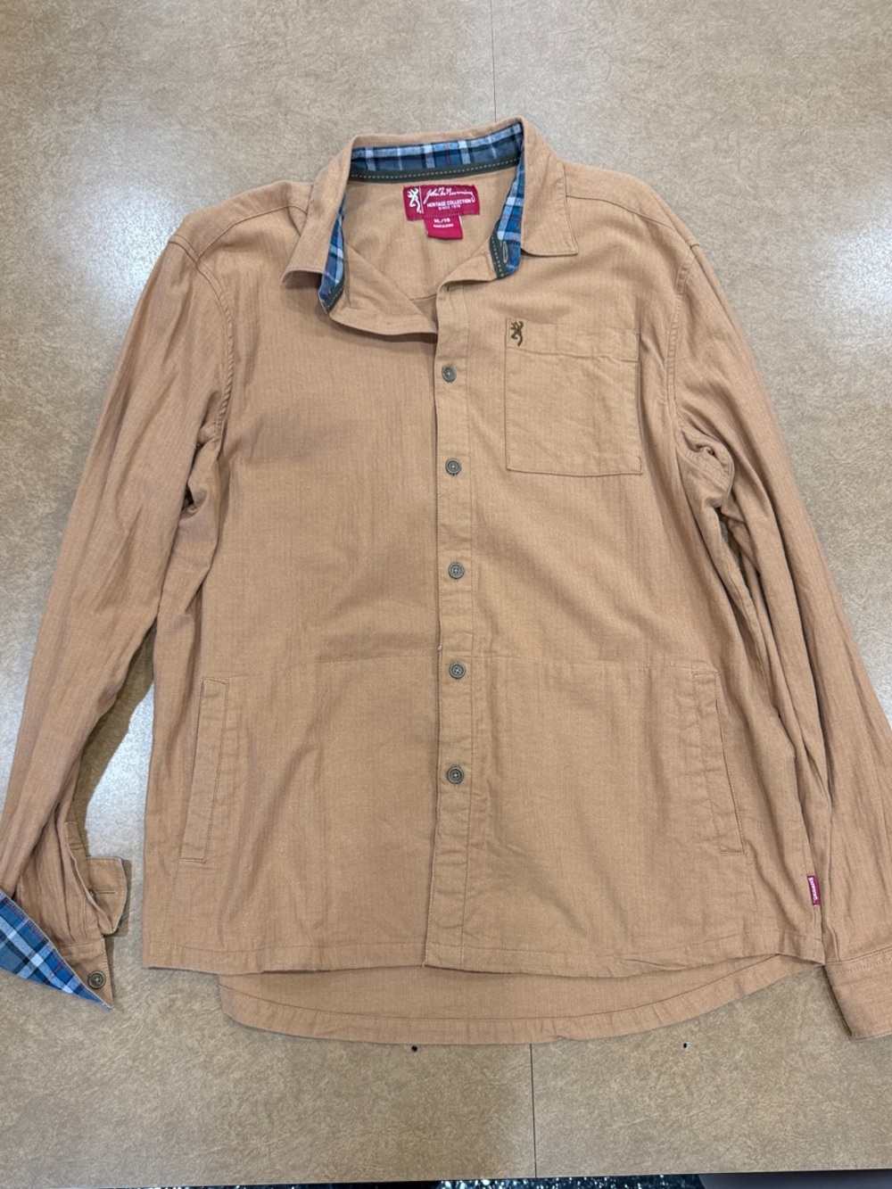 Browning XL light brown shirt jacket with plaid trim, rugged outdoor style